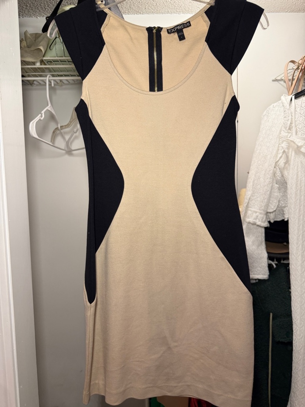 Express Beige and Black Colorblock Midi Sheath Dress